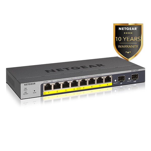 GS110TP 8 Port Gigabit PoE+ Ethernet Smart Switch with 2 SFP Ports and Cloud Management (55W) - Garansi 10 Tahun