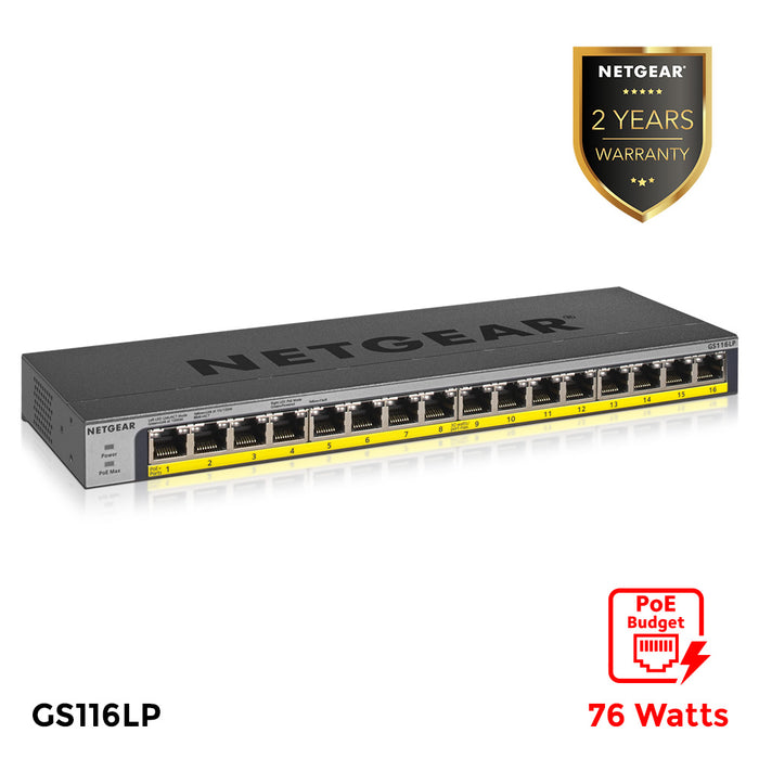 GS116LP 16 Port Gigabit Ethernet Unmanaged PoE+ Switch with FlexPoE (76W) - Garansi 2 Tahun