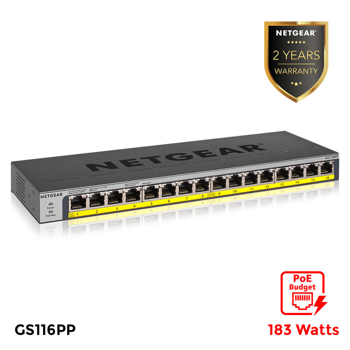 GS116PP 16 Port Gigabit Ethernet High-Power Unmanaged PoE+ Switch with FlexPoE (183W) - Garansi 2 Tahun