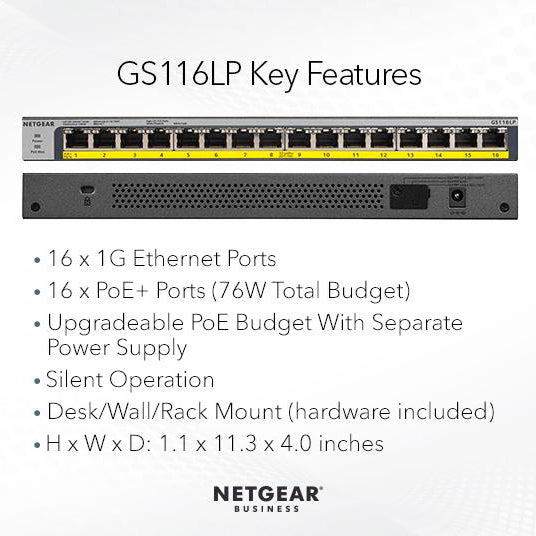 GS116LP 16 Port Gigabit Ethernet Unmanaged PoE+ Switch with FlexPoE (76W) - Garansi 2 Tahun