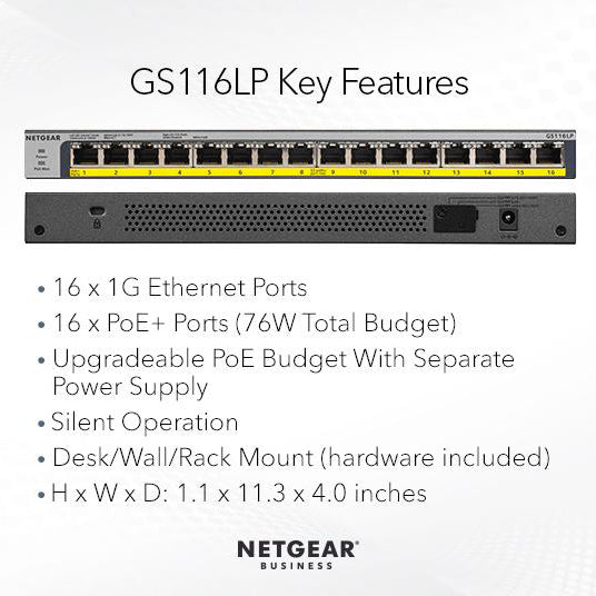 GS116LP 16 Port Gigabit Ethernet Unmanaged PoE+ Switch with FlexPoE (76W) - Garansi 10 Tahun