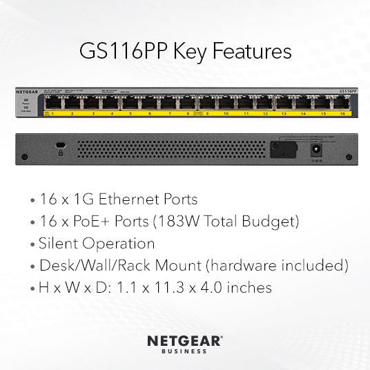 GS116PP 16 Port Gigabit Ethernet High-Power Unmanaged PoE+ Switch with FlexPoE (183W) - Garansi 10 Tahun