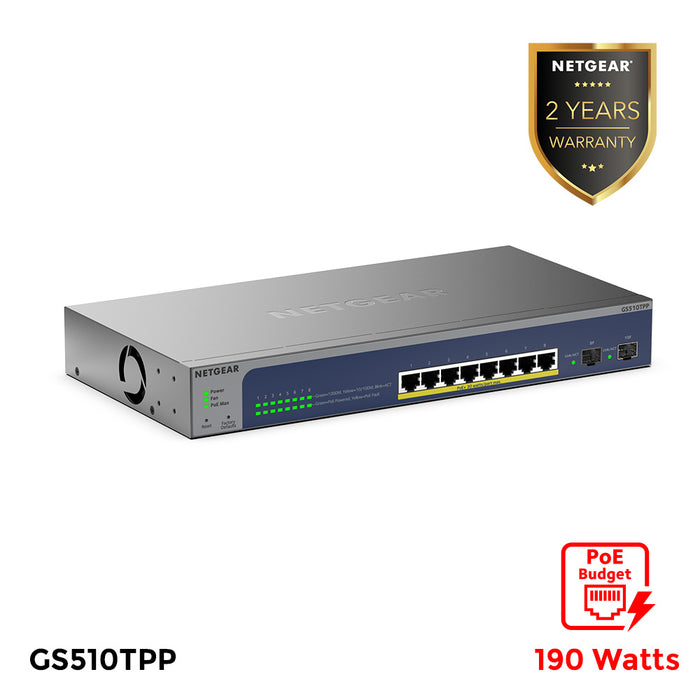 GS510TPP 8 Port Gigabit Ethernet High-Power PoE+ Smart Switch with 2 Dedicated SFP Ports (190W) - Garansi 2 Tahun