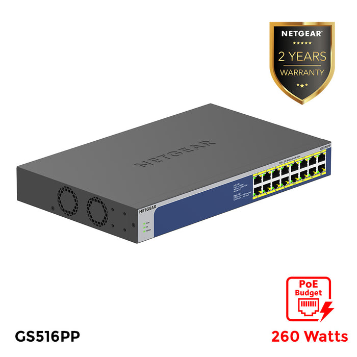 GS516PP  16-Port Gigabit Ethernet High-Power PoE+ Unmanaged Switch (260W) - Garansi 2 Tahun