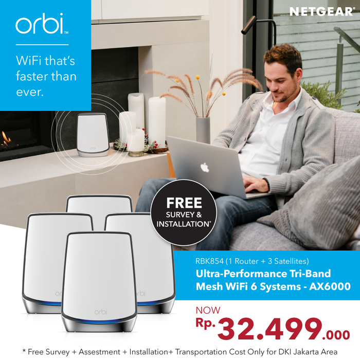 (Pre-Order) Orbi RBK854 Tri Band Mesh WiFi 6 System AX6000 (1 router + 3 satellites) - Garansi 2 tahun