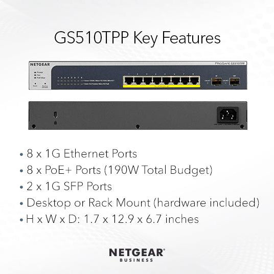 GS510TPP 8 Port Gigabit Ethernet High-Power PoE+ Smart Switch with 2 Dedicated SFP Ports (190W) - Garansi 10 Tahun