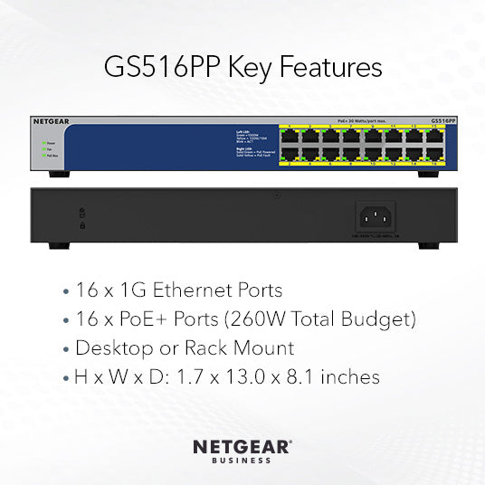 GS516PP  16-Port Gigabit Ethernet High-Power PoE+ Unmanaged Switch (260W) - Garansi 2 Tahun