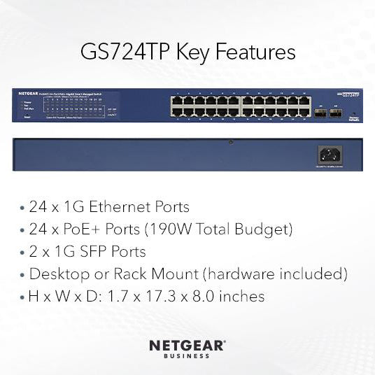 GS724TP 24-Port Gigabit Ethernet PoE+ Smart Switch with 2 SFP Ports and Cloud Management (190W) - Garansi 2 Tahun
