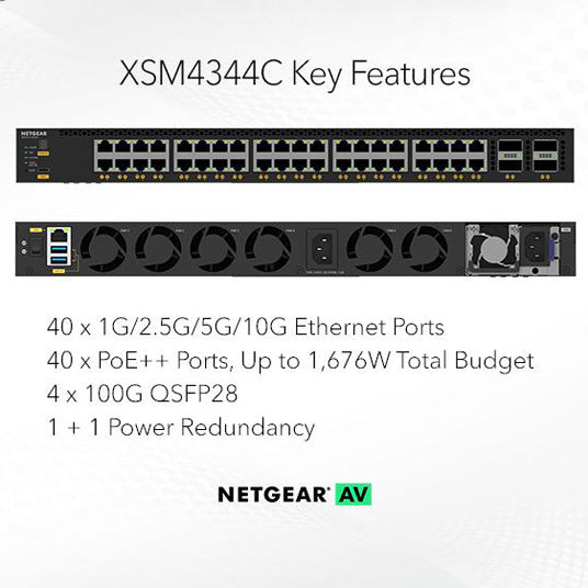 (Pre-Order) AV Line M4350-40X4C Fully Managed Switch (XSM4344C) 40x10G/Multi-Gig PoE++ (196W base, up to 1,676W) and 4xQSFP28 100G Managed Switch - Garansi 2 Tahun