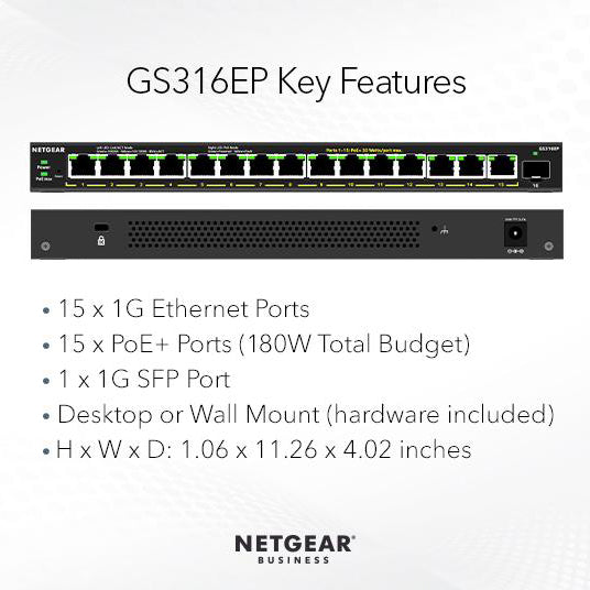 GS316EP 16 Port PoE+ Gigabit Ethernet Plus Switch (180W) - Garansi 2 Tahun