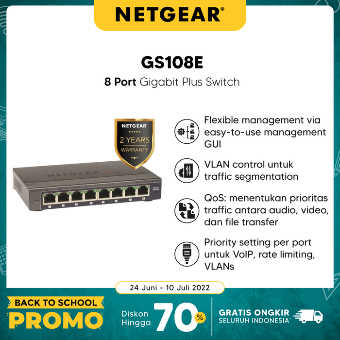 GS108E 8 Port Gigabit Ethernet Smart Managed Plus Switch - Garansi 2 Tahun