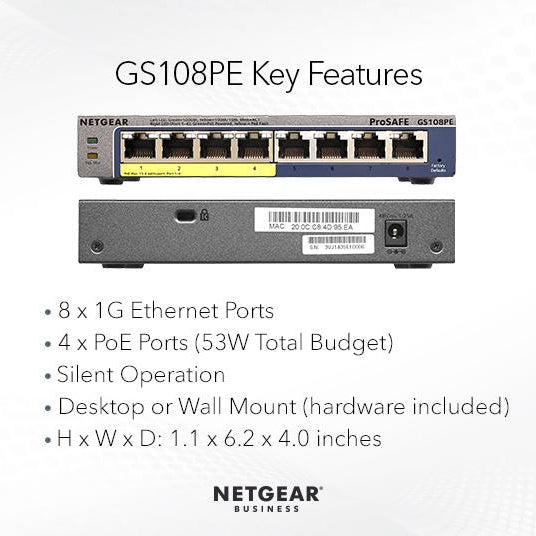 (Pre-Order) GS108PE 8 Port Gigabit Ethernet Plus Switch with 4 Ports PoE (53W) - Garansi 10 Tahun