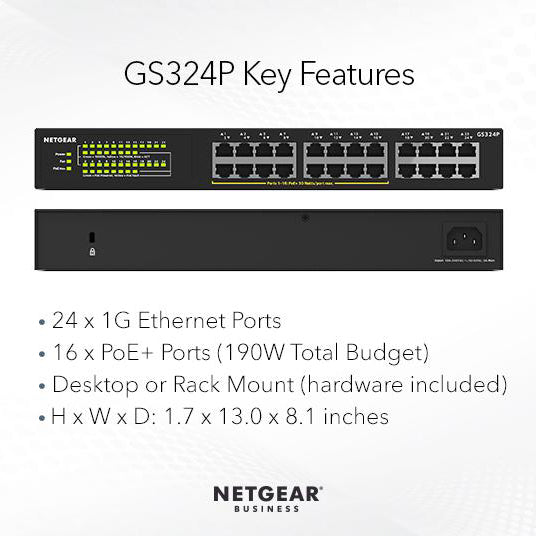 GS324P 24 Port Gigabit Ethernet Unmanaged Switch with 16 Ports PoE+ (190W) - Garansi 2 Tahun